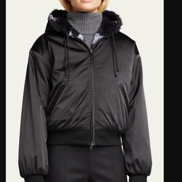 Blanc Noir Faux-Fur Reversible Star Hoodie - LARGE - Furry Soft Black Grey Stars - Picture 4 of 4